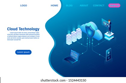 Cloud Computing technology Concept. Digital service or app with data transfering. data processing Protecting data security concept. isometric flat design