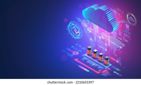 Concepto de tecnología de computación en nube. Nube digital se extiende por todo el mundo. Almacenamiento en la nube en el centro de datos. Los servidores de la red global de Internet funcionan con big data. Servicio de Internet de información de almacenamiento.