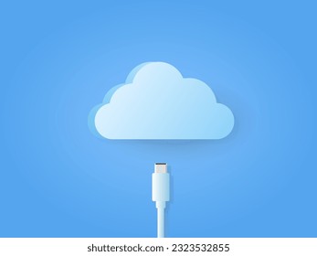 Ilustración del concepto de tecnología de computación en nube. Ilustración vectorial plana. USB tipo C que se conecta a la nube en el fondo azul. 