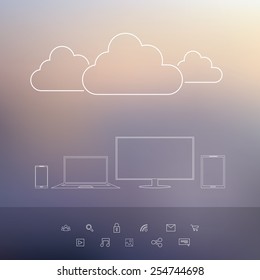 Cloud computing technology concept with laptop, smartphone, tablet, desktop. Set of line icons on blurred gradient mesh background. Eps10 vector illustration.