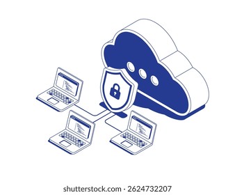 Conceito de tecnologia de computação em nuvem com notebooks e computadores conectados à rede em nuvem segura protegida por escudo com símbolo de bloqueio na ilustração vetorial de contorno de linha isométrica.