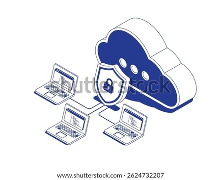Cloud computing technology concept with laptops and computers connected to secure cloud network protected by shield with lock symbol in isometric line contour vector illustration.