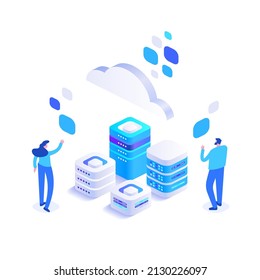 Cloud computing technology concept. Man and woman working on laptop and downloads files in cloud storage or processing data online. Database service and backups storage. Isometric vector illustration