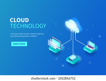 
Cloud computing technology concept with pc, laptop, smarphone. Can use for web banner, infographics, hero images.  Line style Isometric vector illustration.