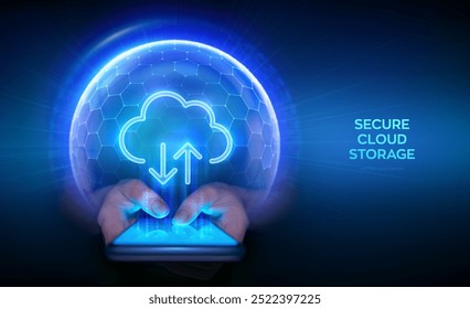 Cloud computing technology concept. Secure cloud storage. Secure data exchange via smartphone. Cloud icon inside transparent protection sphere shield with hexagon pattern. Data protection. Vector.