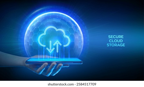 Cloud computing technology concept. Secure cloud storage. Secure data exchange via smartphone. Cloud icon inside transparent protection sphere shield with hexagon pattern. Data protection. Vector.