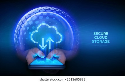 Cloud computing technology concept. Secure cloud storage. Secure data exchange via smartphone. Cloud icon inside transparent protection sphere shield with hexagon pattern. Data protection. Vector.