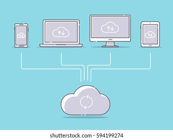 Cloud computing technology concept with smartphone,laptop,monitor and tablet vector illustration in flat linework style