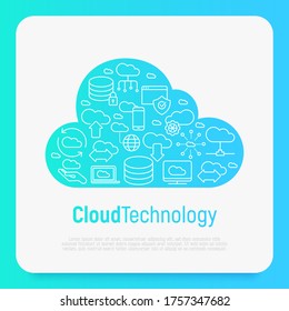 Cloud computing technology concept with thin line icons related to hosting, server storage, cloud management, data security, mobile and desktop memory. Vector illustration.