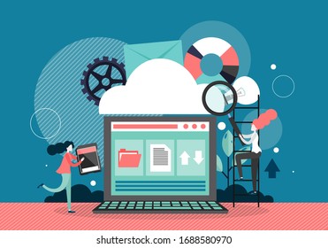 Cloud computing technology concept vector flat style design illustration. Huge cloud and laptop, micro female characters with tablet, magnifying glass. Data storage.