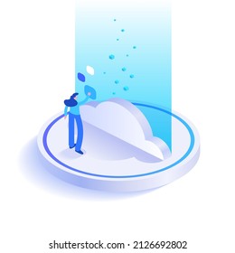 Cloud computing technology concept. Woman working on laptop and downloads files in cloud storage or processing data online. Database service and backups storage. Vector illustration in isometric view