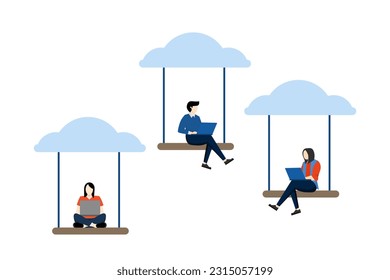 Cloud computing, technology to connect people concept, remote work on company cloud infrastructure, businesswoman and female office worker working with computer laptop on swing suspended in cloud