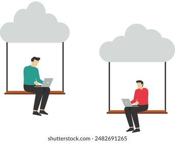 Cloud computing, technology to connect people concept, remote work on company cloud infrastructure, businesswoman and female office worker working with computer laptop on swing suspended in cloud