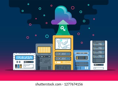 Cloud computing technology. Data center with hosting server racks. Website banner of business cloud computing. Modern vector illustration for web design.