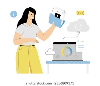 Cloud Computing Technology. Cloud Data Storage. Woman storing and transmitting files to server or database. Vector illustration on isolated white background.	
