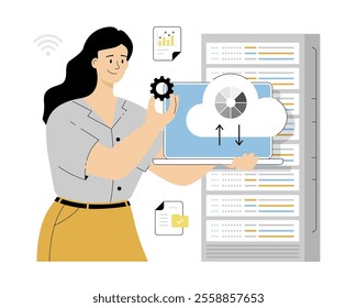 Cloud Computing Technology, Data Storage and Hosting. Document archiving and storage. Woman saving and copying files. Vector illustration on isolated white background.	
