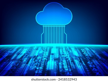 Cloud computing technology data transfer concept. A large cloud icon is in the center. abstract code Interconnected polygons on a dark blue background.