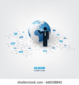 Cloud Computing, Technology, Digital Network Connections, Global Business Design Concept with Standing Businessman and Earth Globe
