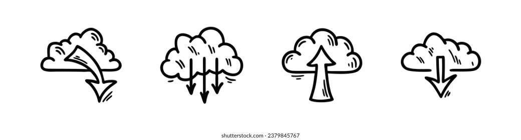 Cloud computing technology doodle icon set. Hand drawn data server service. Digital network file transfer sketch vector illustrations. Download system.