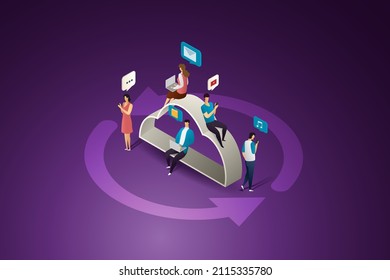 Cloud computing technology hosting platform services Storage and sharing of information between users via computer and mobile connection on the cloud network. isometric vector illustration.