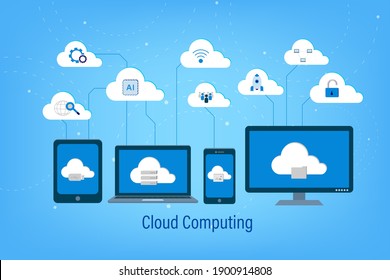 Cloud computing technology with icons and devices on blue background vector illustration