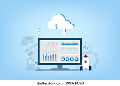 Tecnología de computación en nube con iconos en la nube e ilustración vectorial de dispositivos digitales