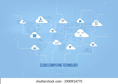 Cloud computing technology with icons on circuit world map vector illustration