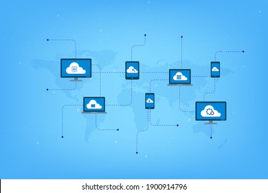 Cloud computing technology with icons on world map vector illustration