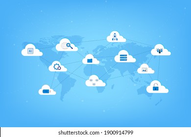 Cloud computing technology with icons on world map vector illustration