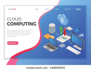 Cloud Computing Technology Isometric Concept with Computer, Laptop, Smartphone, Database and Arrow Icons. Security cloud storage server. landing page template. isolated vector illustration