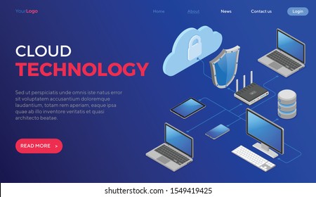 Cloud Computing Technology Isometric Concept with Computer, Laptop, Smartphone, Tablet, Router and Shield Icons. Security cloud storage server. landing page template. isolated vector illustration