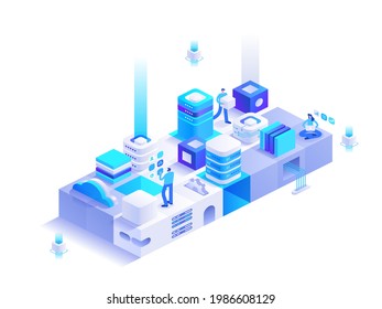 Cloud computing technology isometric concept. People working on datacenter server, data processing, cloud storage, online programming, web hosting.  Vector character illustration in isometry design