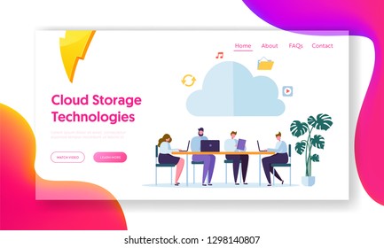 Cloud Computing Technology Landing Page. Team with Gadget Download, Upload Information on Memory Service. Storage Info Symbol Concept for Website or Web Page Flat Cartoon Vector Illustration