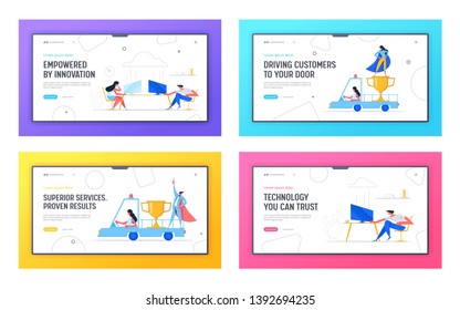 Cloud Computing Technology Landing Page Template. Business Character with Golden Cup Concept. Businessman with Prize Banner Website. Vector flat illustration