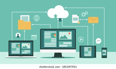 Cloud computing technology network with computer monitor, laptop, tablet, and smartphone, Online devices upload, download information, data in database on cloud services, flat vector illustration