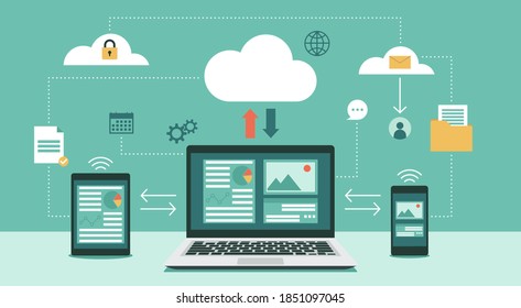 Cloud computing technology network with laptop, tablet, and smartphone, Online devices upload, download information, data in database on cloud services, flat vector illustration