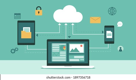 Cloud Computing Technology Network With Laptop, Tablet And Smartphone, Online Devices Upload Information And Data In Database With Business Icon, Flat Vector Illustration