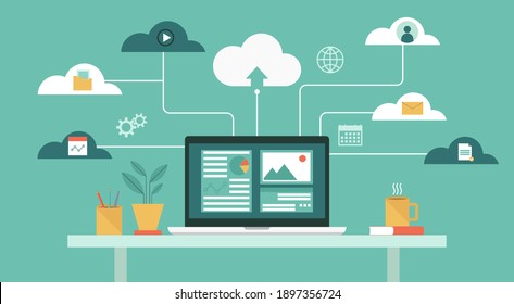 Cloud computing technology network with laptop on table, Online devices upload, download information, data in database on cloud services, flat vector illustration