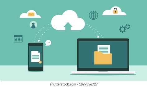 Cloud computing technology network with laptop and smartphone sharing information and data in database with business icon, flat vector illustration