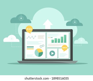 Cloud computing technology network with laptop, online devices upload information and data to the database. Cloud storage. Vector illustration.
