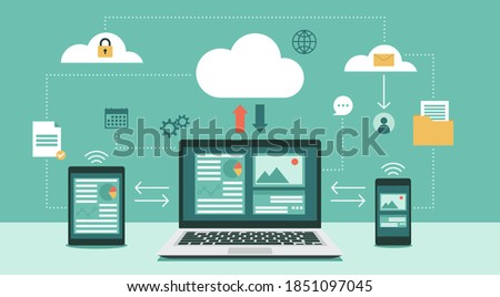 Cloud computing technology network with laptop, tablet, and smartphone, Online devices upload, download information, data in database on cloud services, flat vector illustration