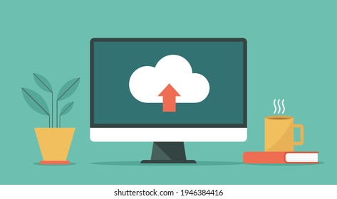 Cloud computing technology on computer concept, flat vector design illustration