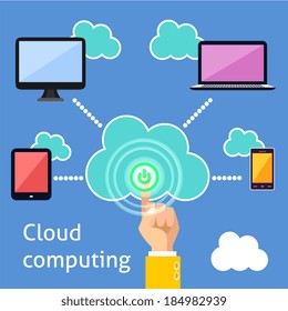 Cloud computing technology power button and connected gadgets of computer tablet mobile phone and laptop infographic vector illustration