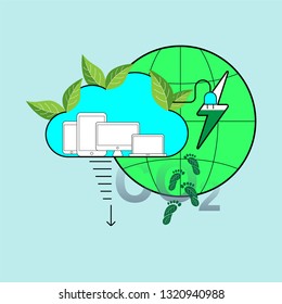 Cloud computing technology save energy and reduce carbon footprint. Environmental friendly cloud service concept. Vector illustration.