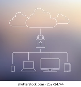 Cloud computing technology security concept. Data privacy business. Modern line icons on soft color blurred background. Suitable for presentations or infographics. Eps10 vector illustration.