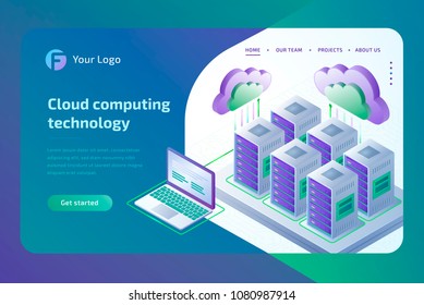 Cloud computing technology and server room concept. Cloud data copy landing page template. 3d isometric vector illustration.