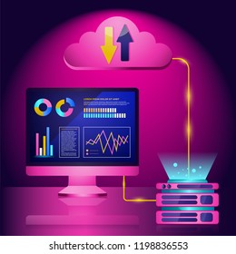Cloud computing technology service concept on bright pink background, Vector Illustration.