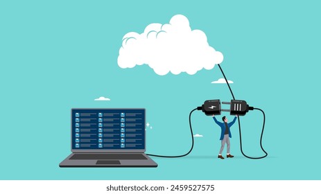 cloud computing technology, cloud storage for data protection or sharing file, technology to communicate with teams while working remotely, businessman or employees connect laptops to cloud computing