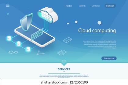 Cloud computing technology users network configuration isometric advertisement poster with phone. Cloud Computing Concept. Data protected exchange on smart phone other mobile device and online storage