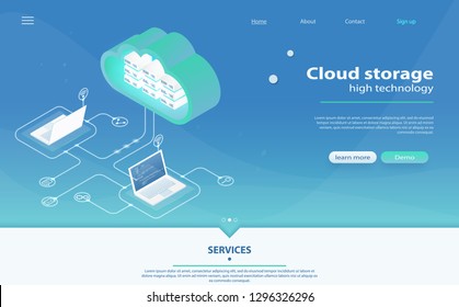 Cloud computing technology users network configuration isometric advertisement poster with laptop. Cloud Computing Concept. Online Computing Storage 3D isometry. Cloud data storage 3d illustration